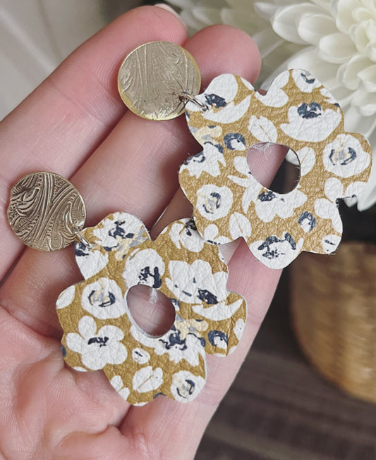 Vintage Tray Stud & Leather Flower Earrings-Yellow Daisy