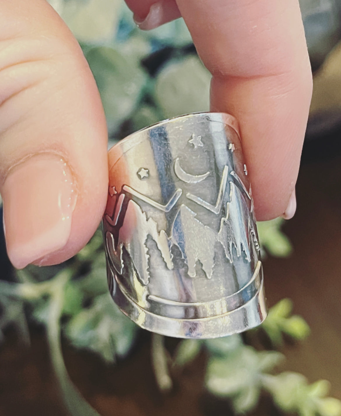 Mountain Scene Hand Engraved Spoon Ring