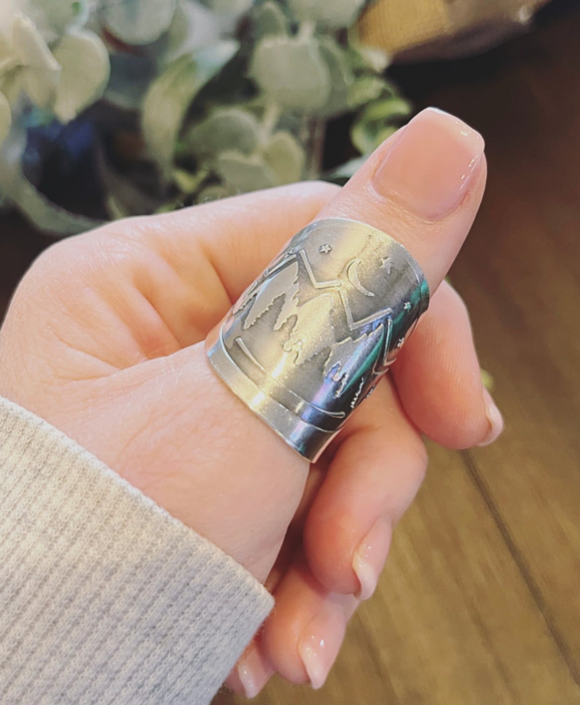 Mountain Scene Hand Engraved Spoon Ring