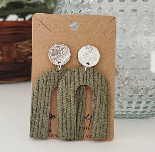 Green Leather and Tray Arch Earrings