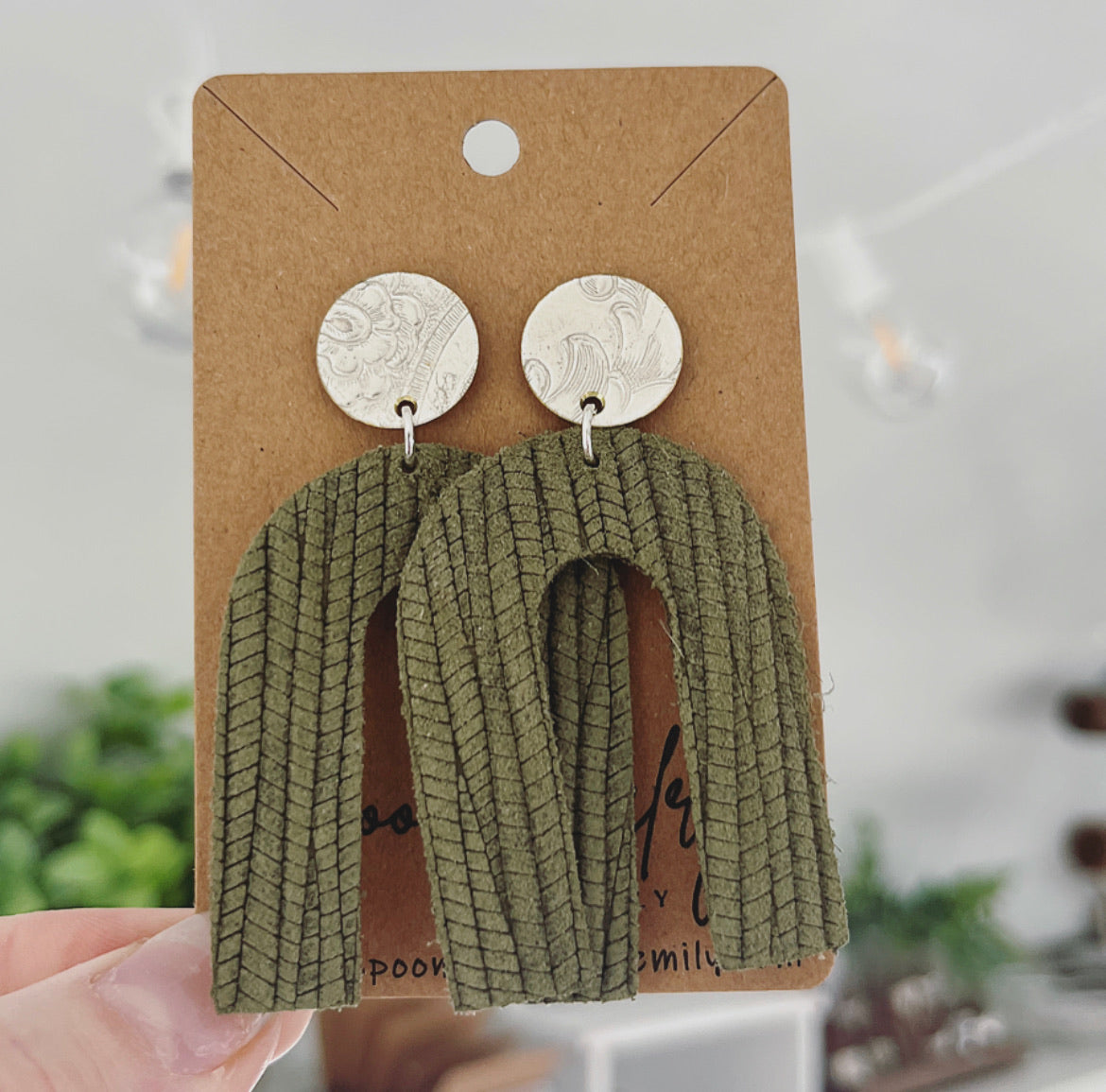 Green Leather and Tray Arch Earrings