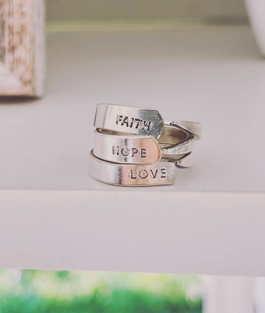 FAITH + HOPE + LOVE Stackable Stamped Spoon Rings