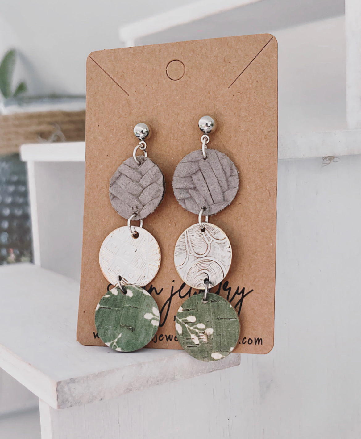 Leather and Metal Trio Circle Earrings