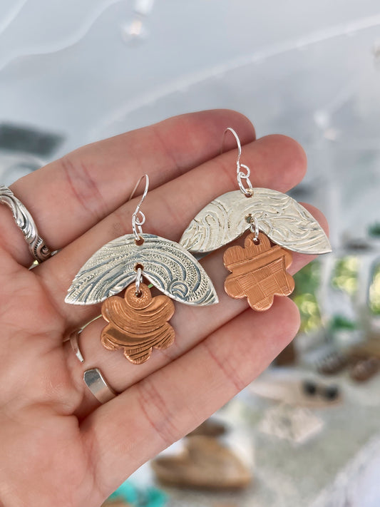 Silver and Copper Petal Duo Earrings