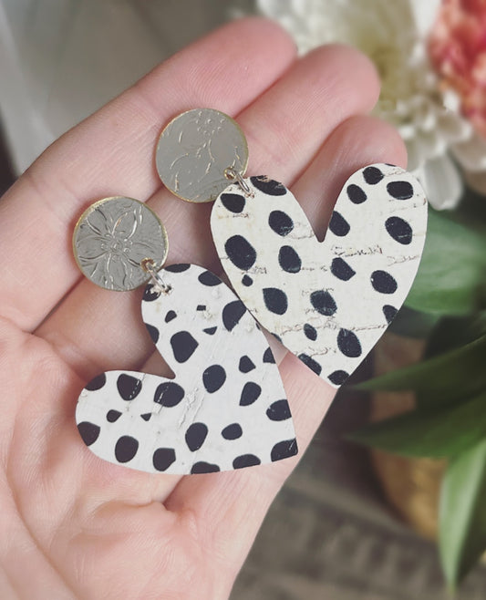 Vintage Tray Stud & Leather Heart Spoon Earrings -Black and White Dots