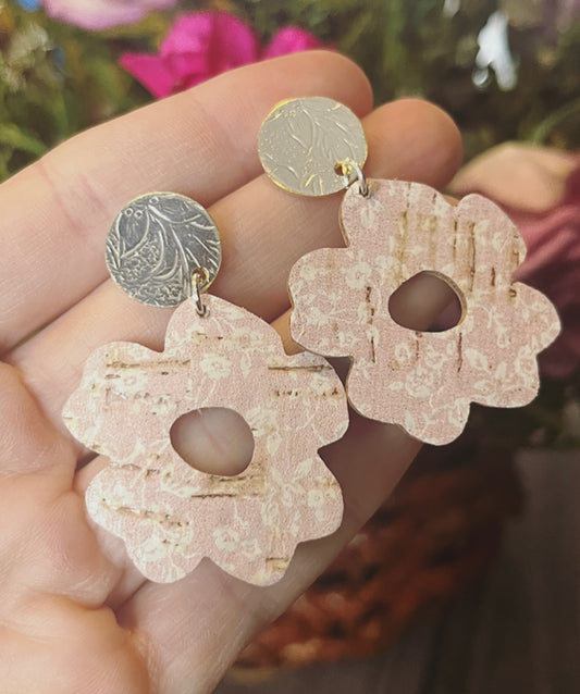 Vintage Tray Stud & Leather Flower Earrings-Pink